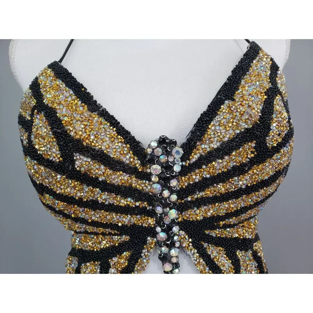 Vintage 00s Butterfly Crop Top Gold Black Rhinestones Strappy Open Back y2k 2000 - Picture 2 of 12